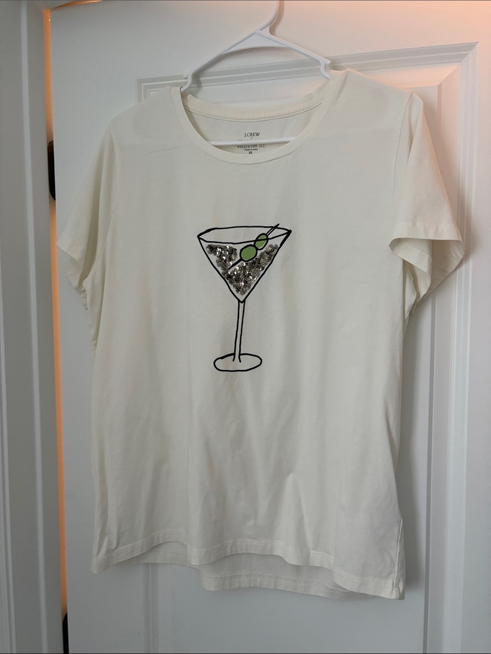 J. Crew Cream Tee with Sequin Martini Graphic and Green Olive